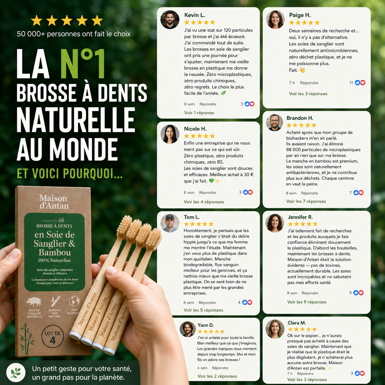 Lot de 4 Brosses 100% Naturelles — Soie de Sanglier & Bambou, 0% Plastique