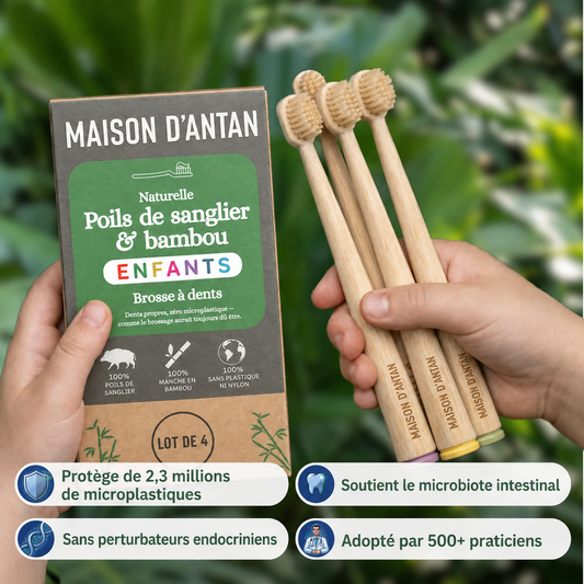 Maison d'Antan - Brosse à dents pour enfants en poils de sanglier et bambou (lot de 4)